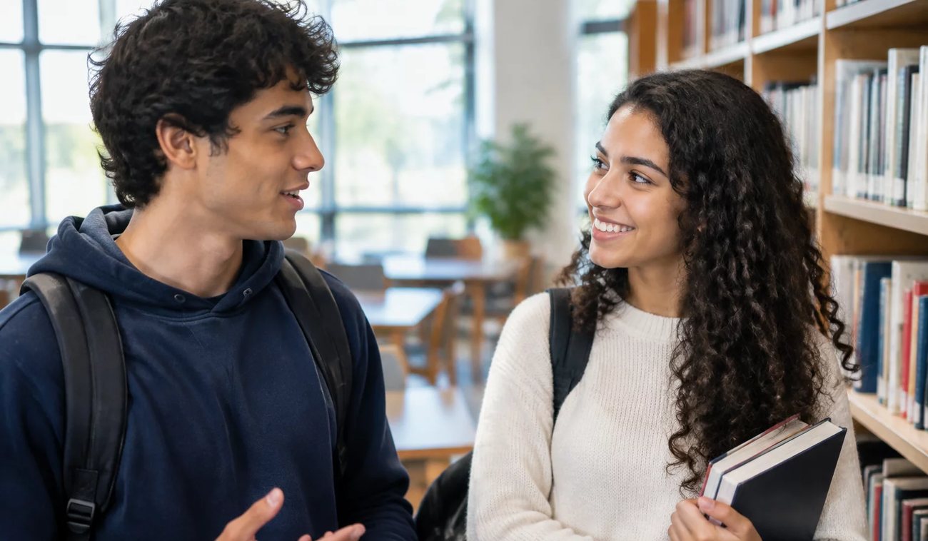 Pessoas conversando de pé junto às estantes antes de o encontro abrir
